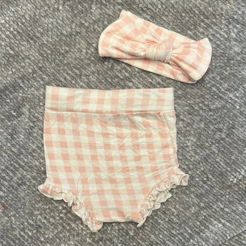Spearmint Love Pink Gingham ruffle bloomer and matching headband set 3/6mo